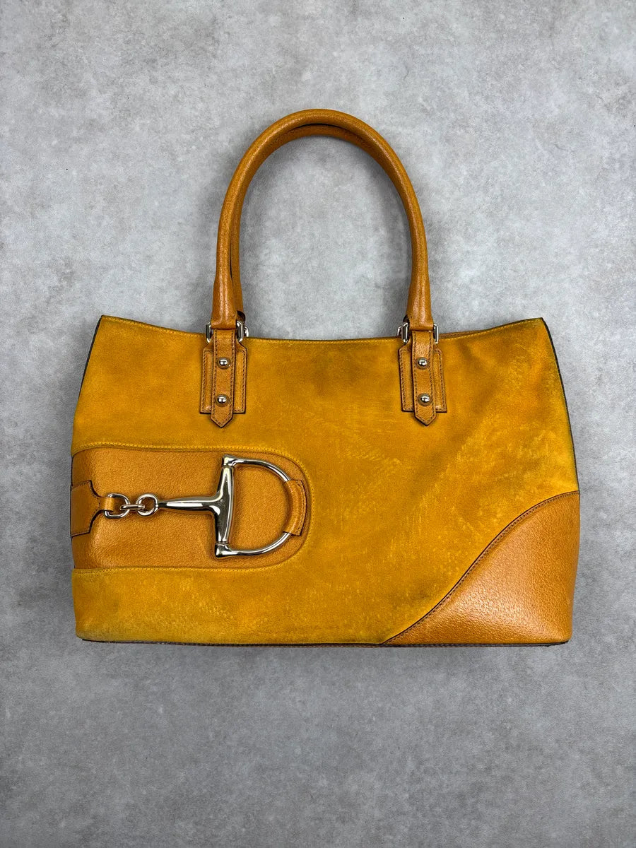SS2005 Gucci Yellow Suede Horsebit Leather Trim Totebag GOxwzeeh 3