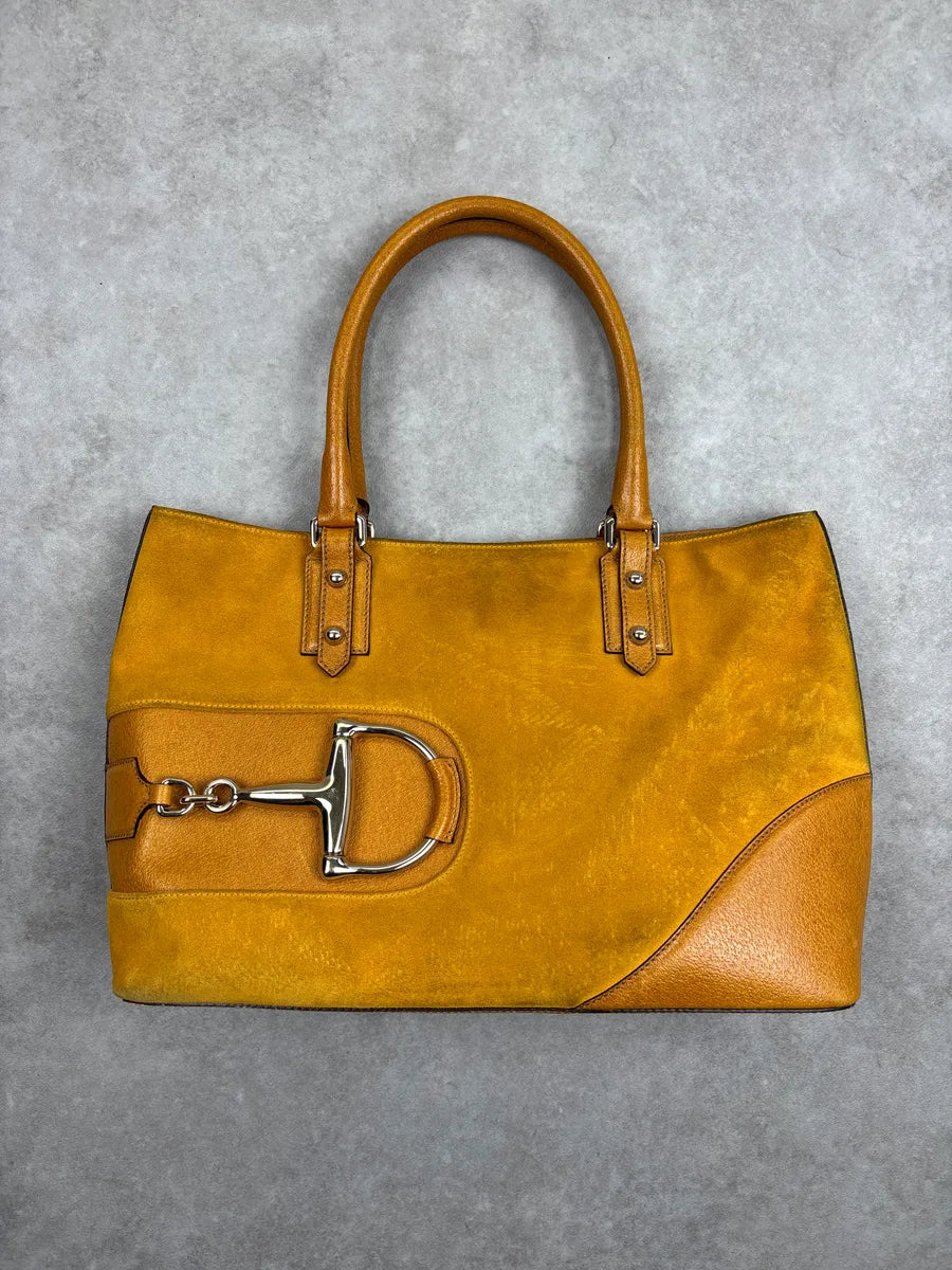 SS2005 Gucci Yellow Suede Horsebit Leather Trim Totebag GOxwzeeh 0