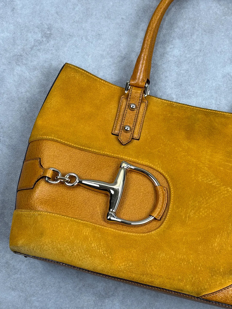 SS2005 Gucci Yellow Suede Horsebit Leather Trim Totebag GOxwzeeh 6