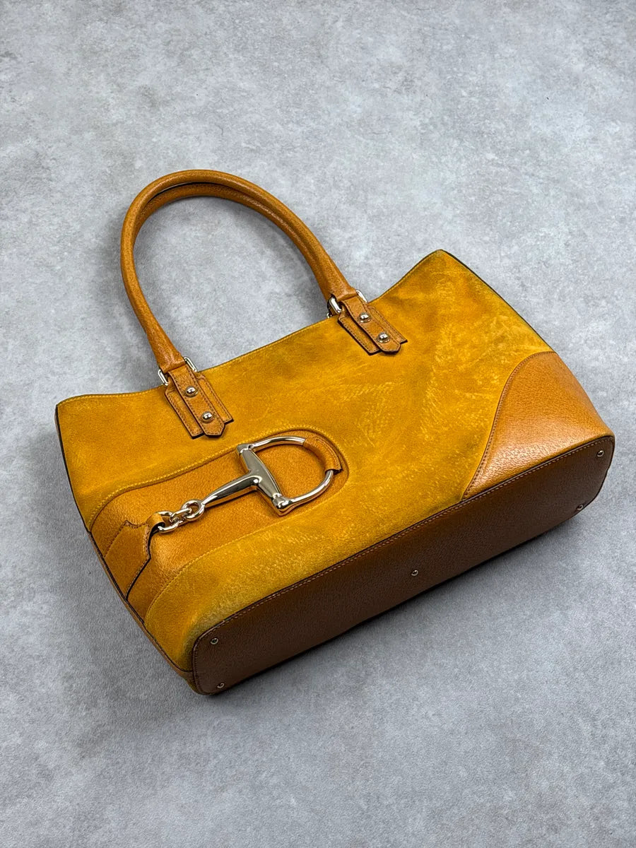 SS2005 Gucci Yellow Suede Horsebit Leather Trim Totebag GOxwzeeh 4