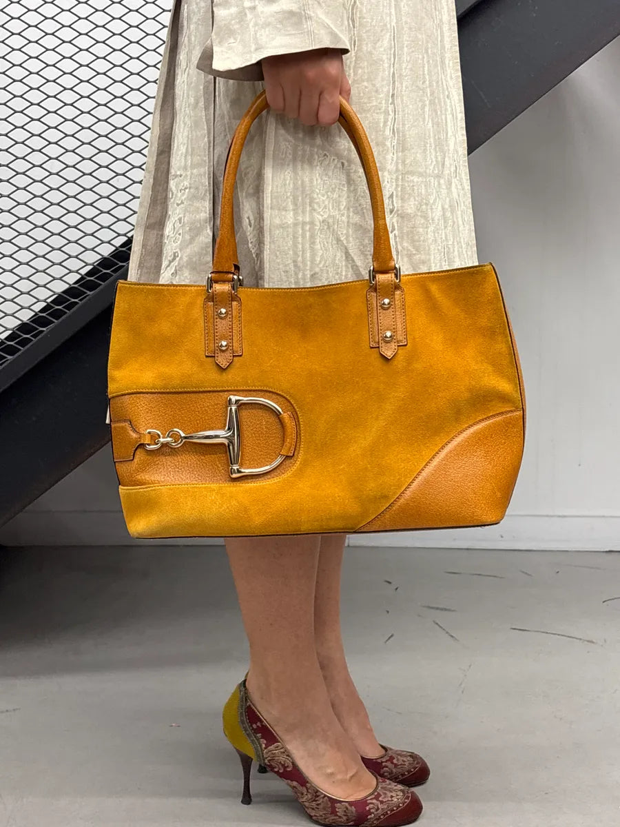 SS2005 Gucci Yellow Suede Horsebit Leather Trim Totebag GOxwzeeh 1
