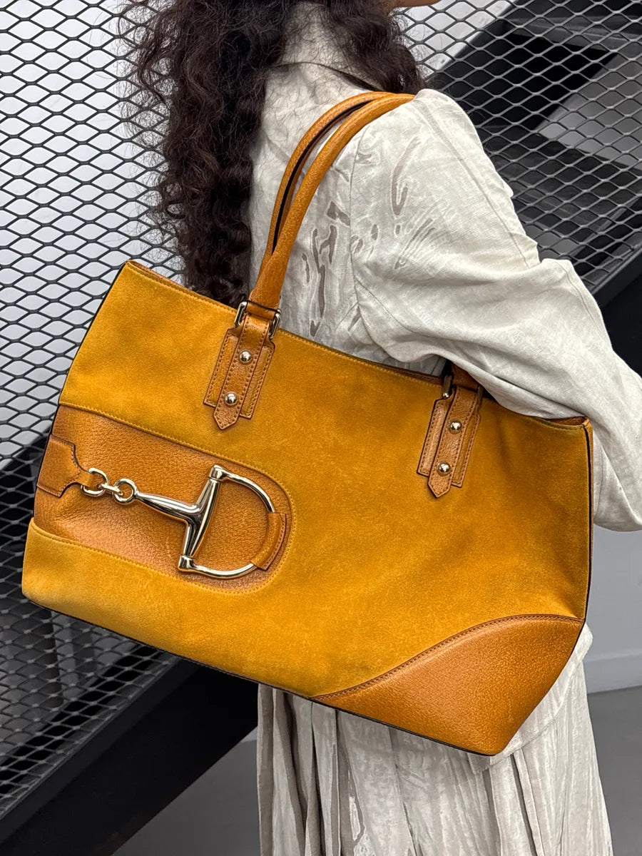 SS2005 Gucci Yellow Suede Horsebit Leather Trim Totebag GOxwzeeh 2