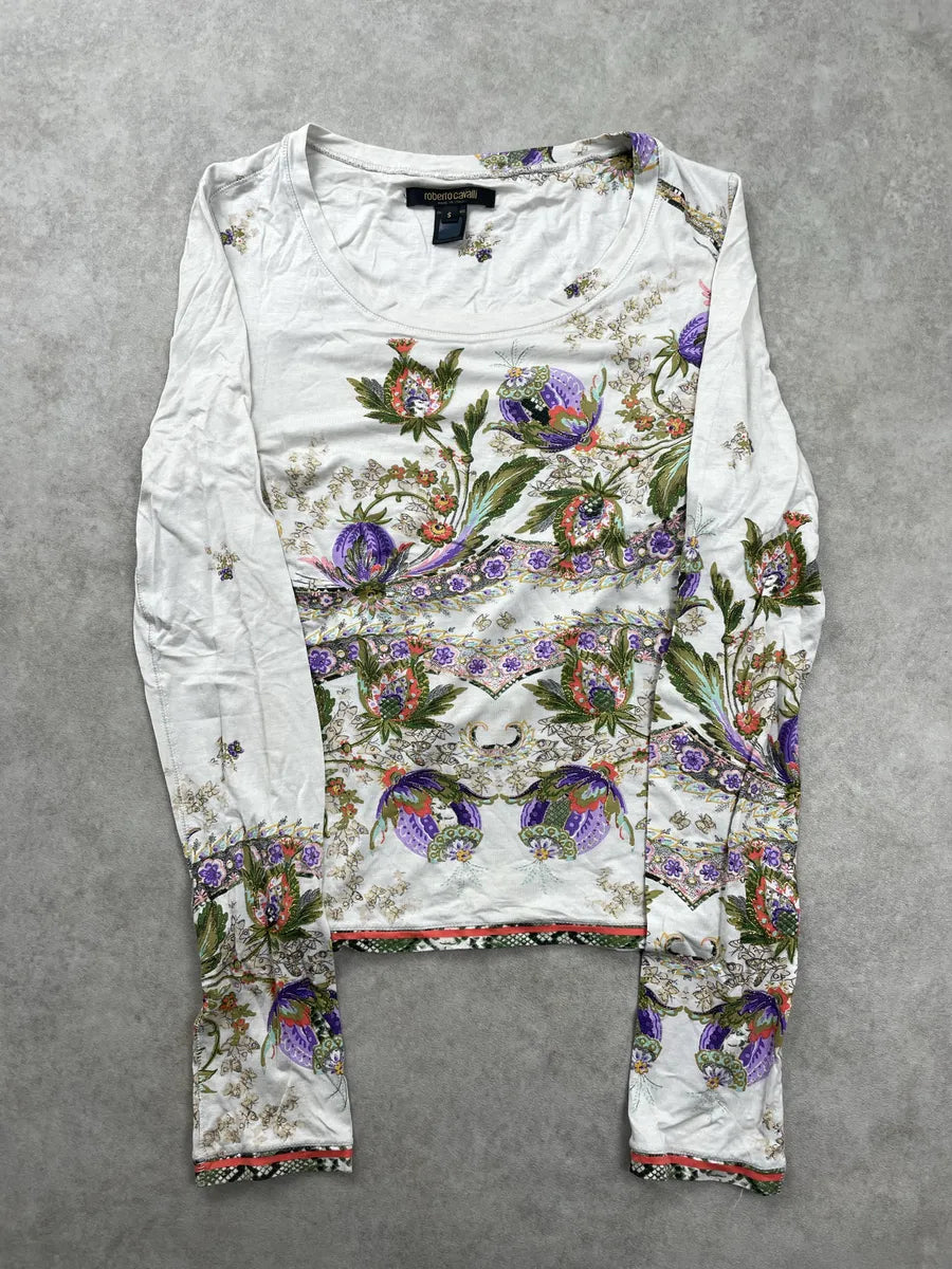 SS2004 Roberto Cavalli Off-White Modal Floral Metallic Longsleeve Top GQHJpbns 4