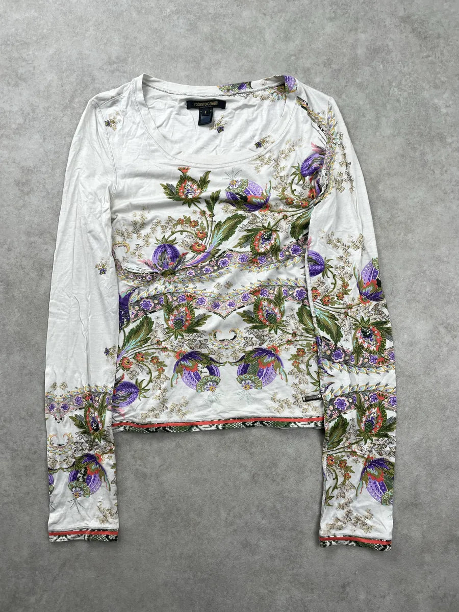 SS2004 Roberto Cavalli Off-White Modal Floral Metallic Longsleeve Top GQHJpbns 2