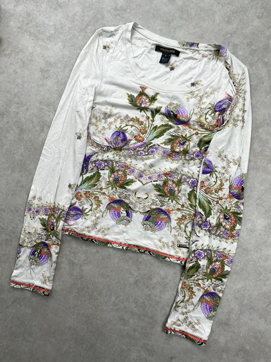 SS2004 Roberto Cavalli Off-White Modal Floral Metallic Longsleeve Top GQHJpbns 5