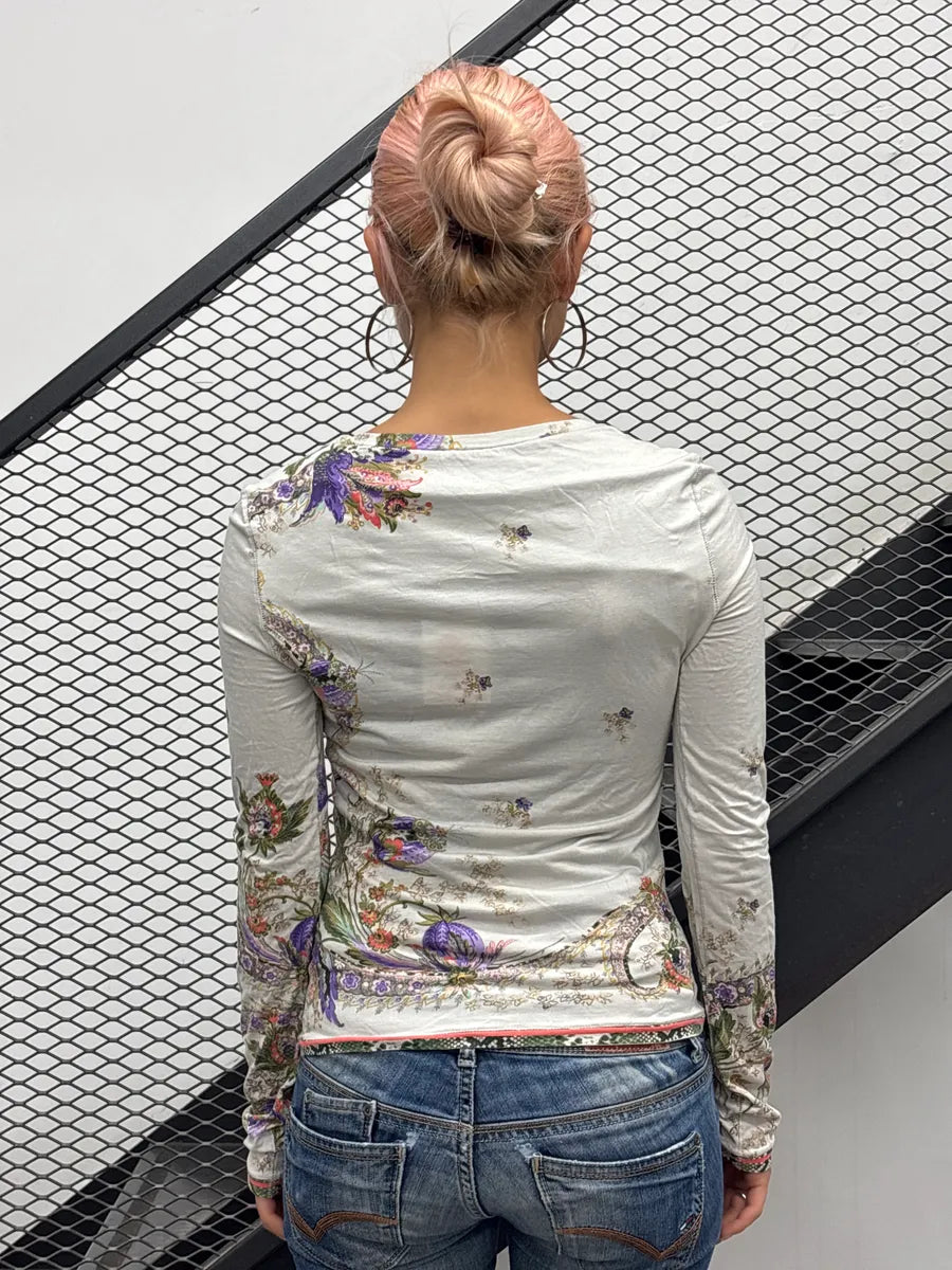 SS2004 Roberto Cavalli Off-White Modal Floral Metallic Longsleeve Top GQHJpbns 1