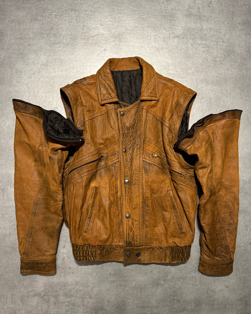 1990s Artisanal French Eroded Brown Leather Jacket with Detachable Sleeves (M) - 1