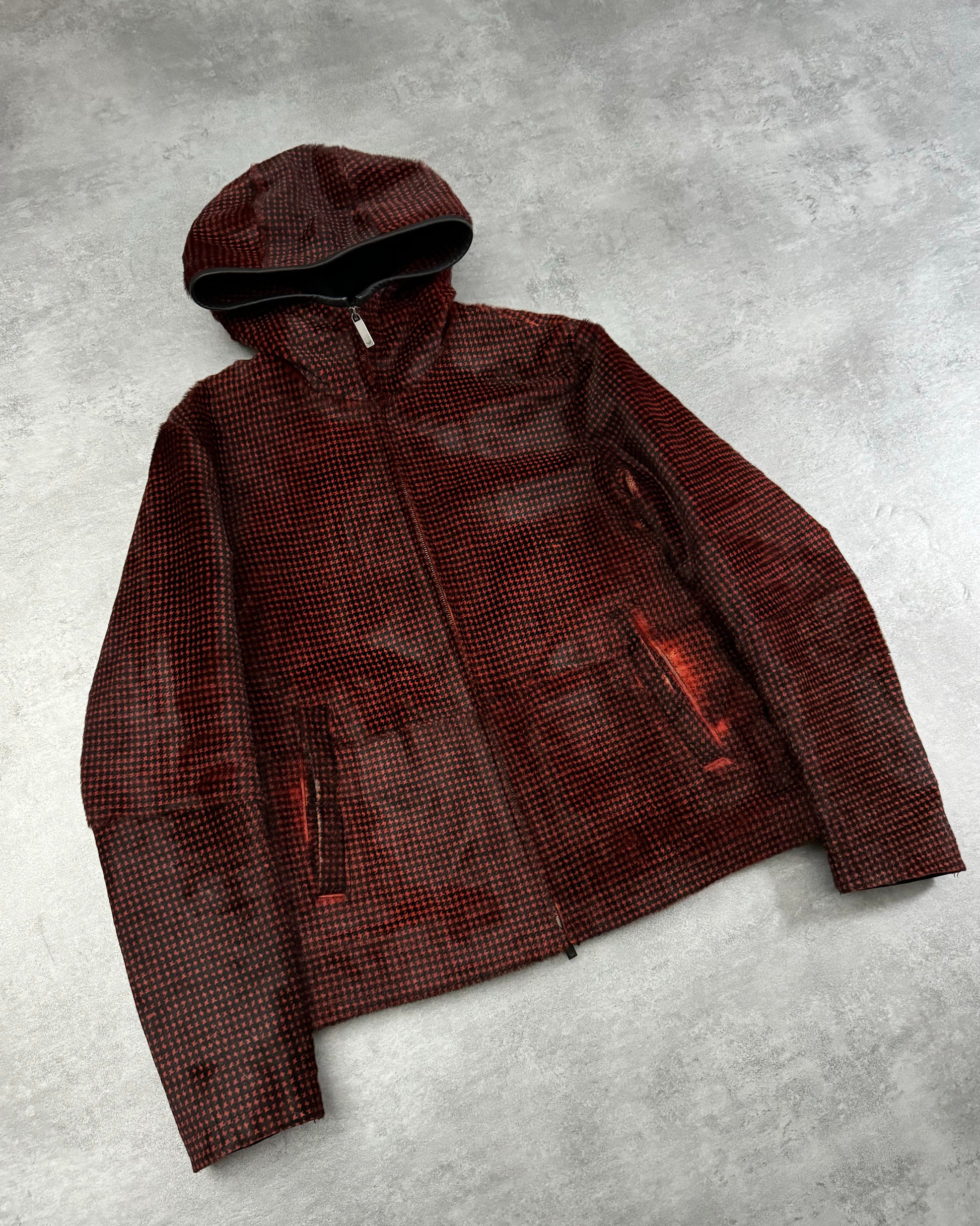 FW2013 Emporio Armani Goat Fur Black & Red Hooded Avant-Garde Jacket (M) - 5