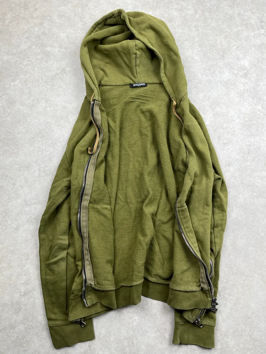 AW2017 Balmain Olive Fleece Side Zip-Up Hoodie GUbYmnpt 4