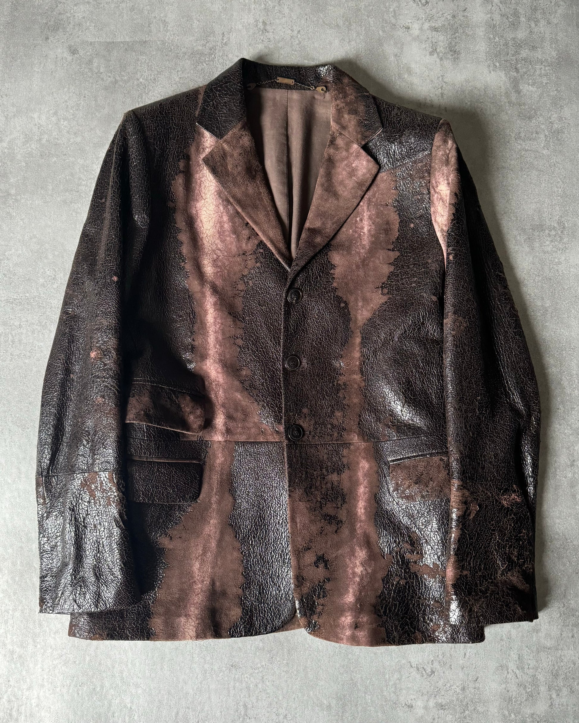 AW2000 Roberto Cavalli Artisanal Brown Eroded Silk Leather Blazer Jacket  (L) - 1