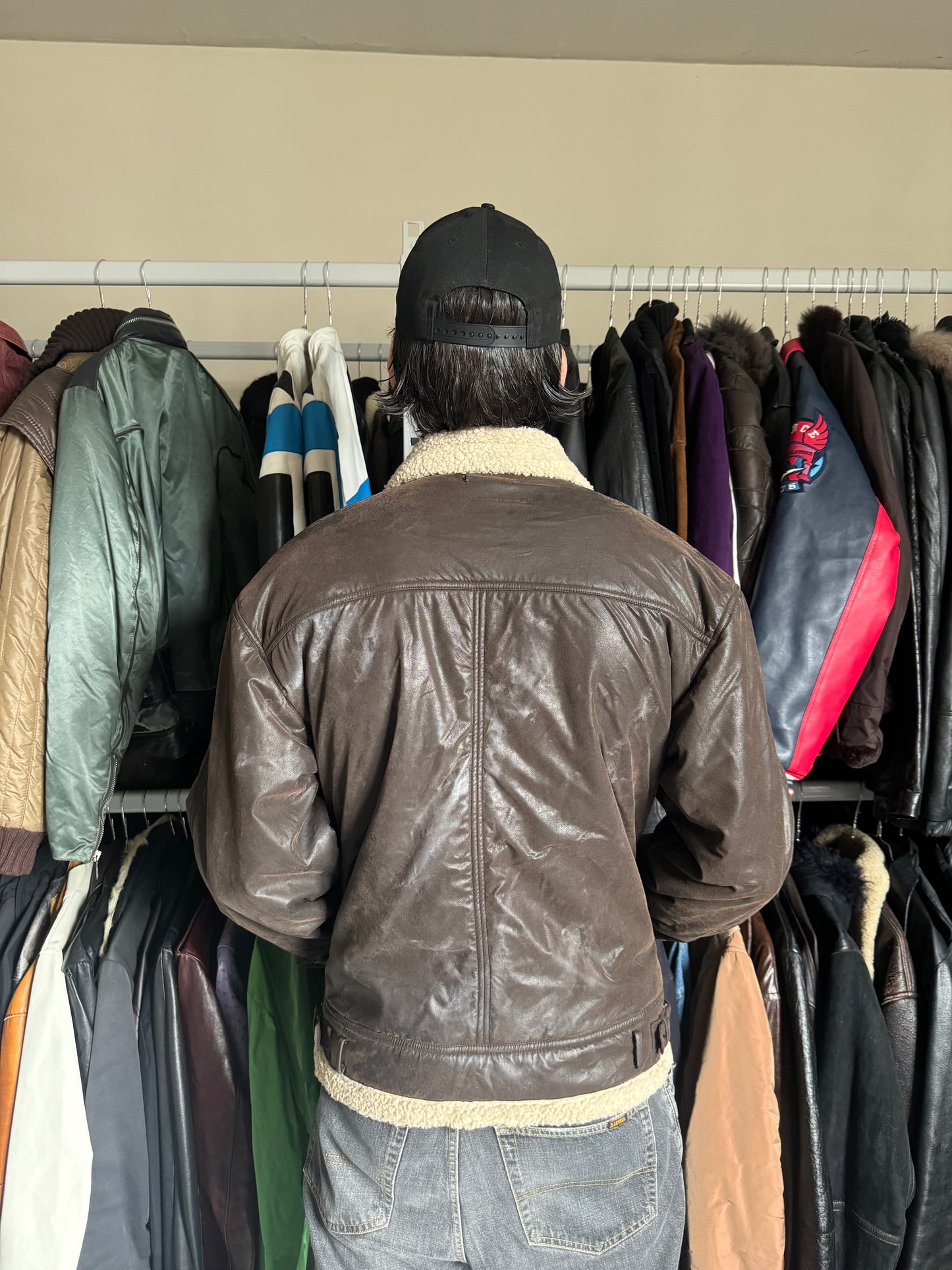 1990s Armani Shearling Brown Leather Jacket (L) - 3