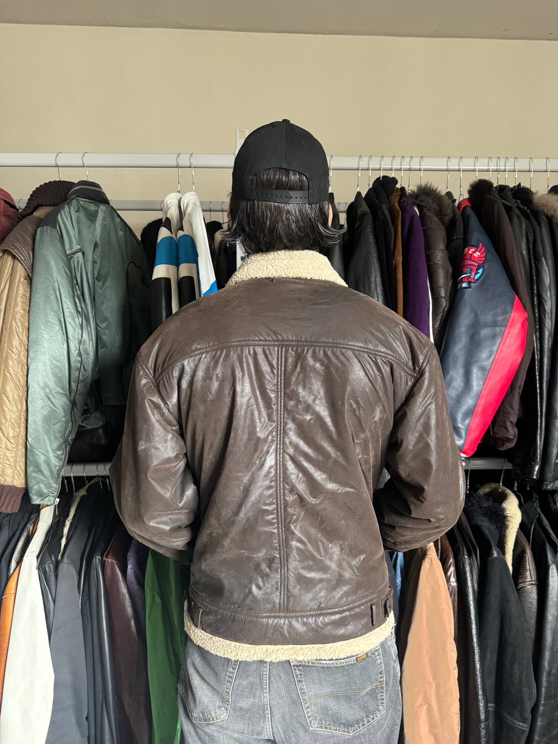 1990s Armani Shearling Brown Leather Jacket (L) - 3