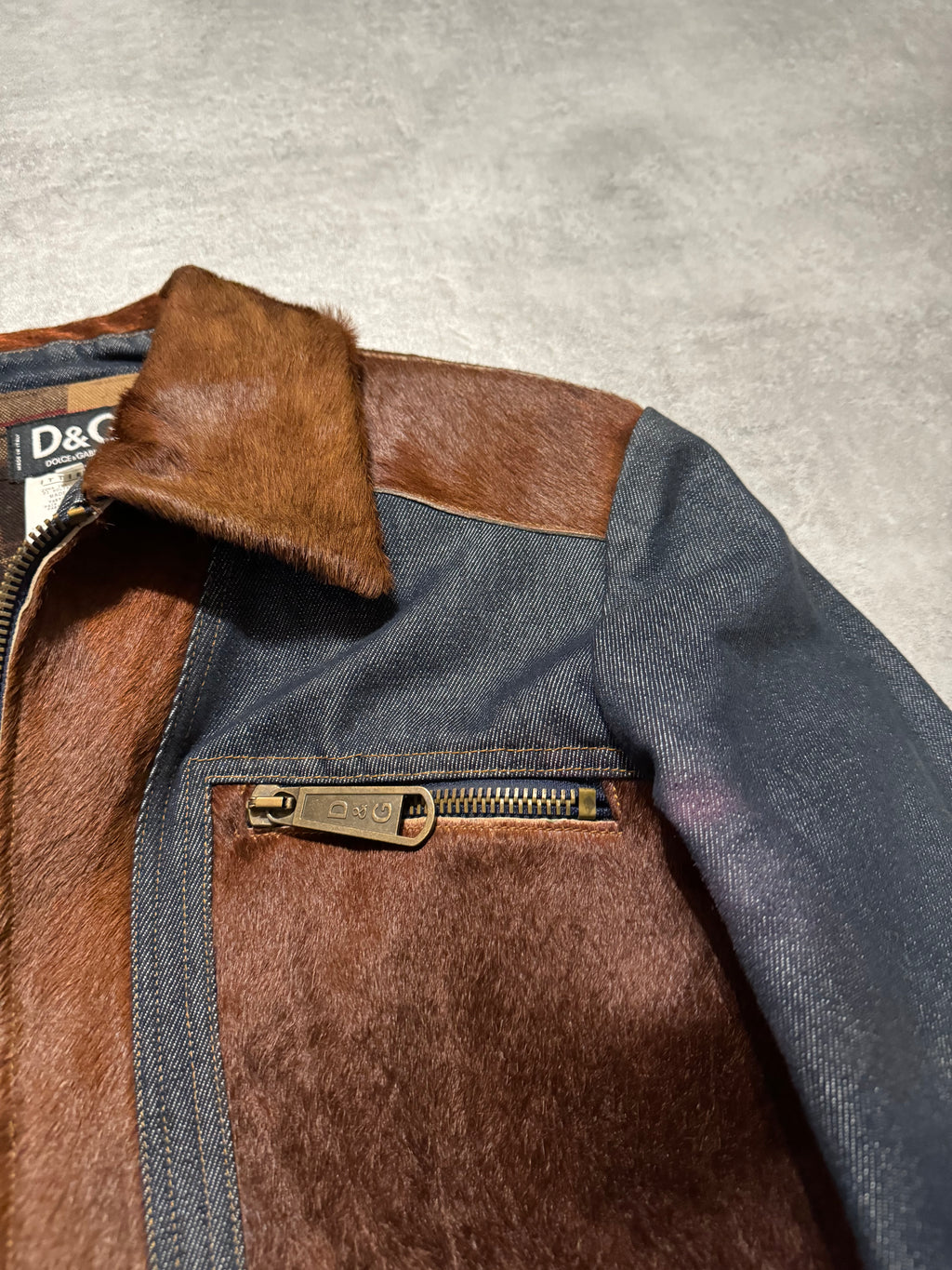 FW2005 Dolce & Gabbana Pony Hair Brown Denim Structured Biker Jacket (L) - 9