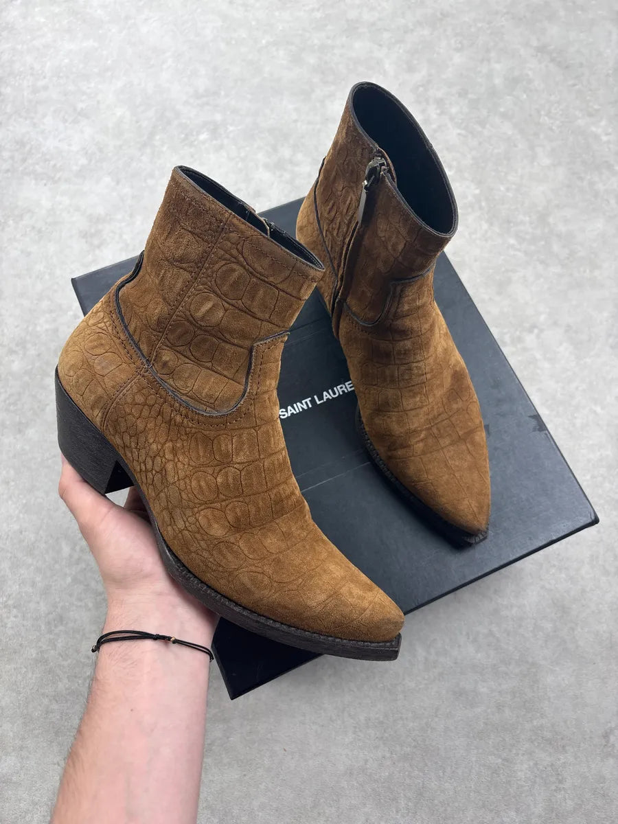 Saint Laurent Brown Crocodile Embossed Leather Ankle Boots zsrEaiI 0