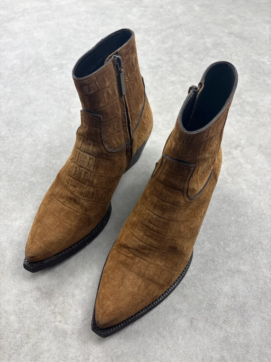 Saint Laurent Brown Crocodile Embossed Leather Ankle Boots zsrEaiI 2