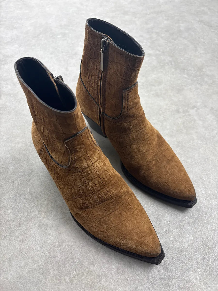 Saint Laurent Brown Crocodile Embossed Leather Ankle Boots zsrEaiI 3