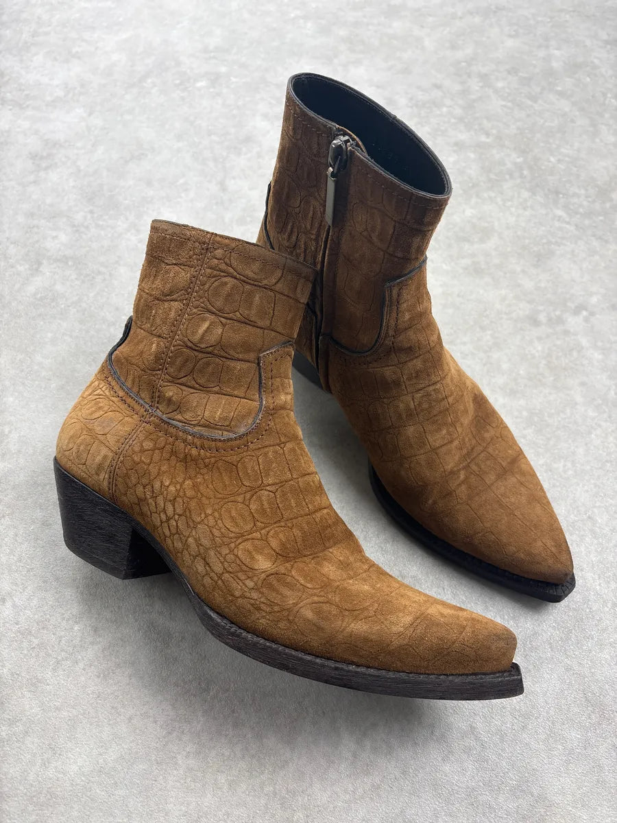 Saint Laurent Brown Crocodile Embossed Leather Ankle Boots zsrEaiI 4