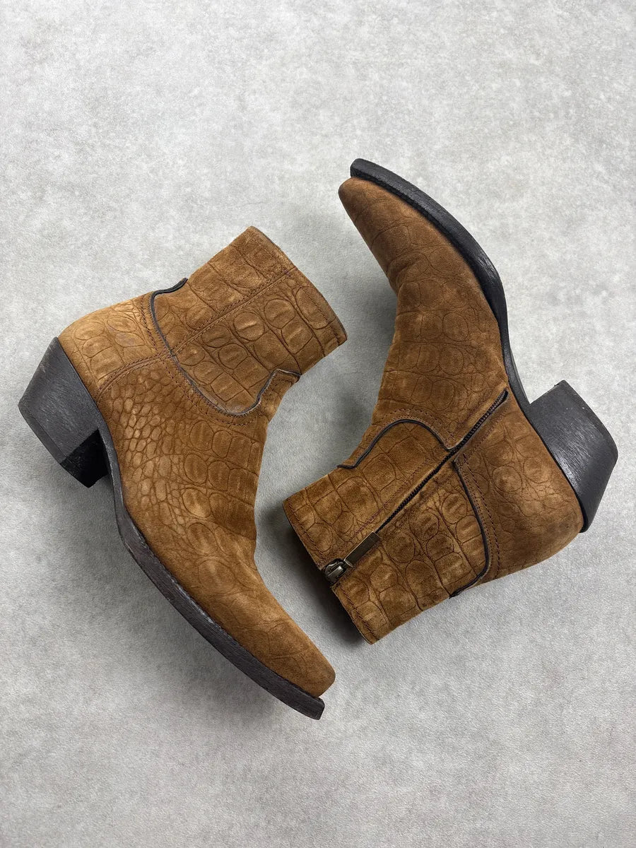 Saint Laurent Brown Crocodile Embossed Leather Ankle Boots zsrEaiI 5
