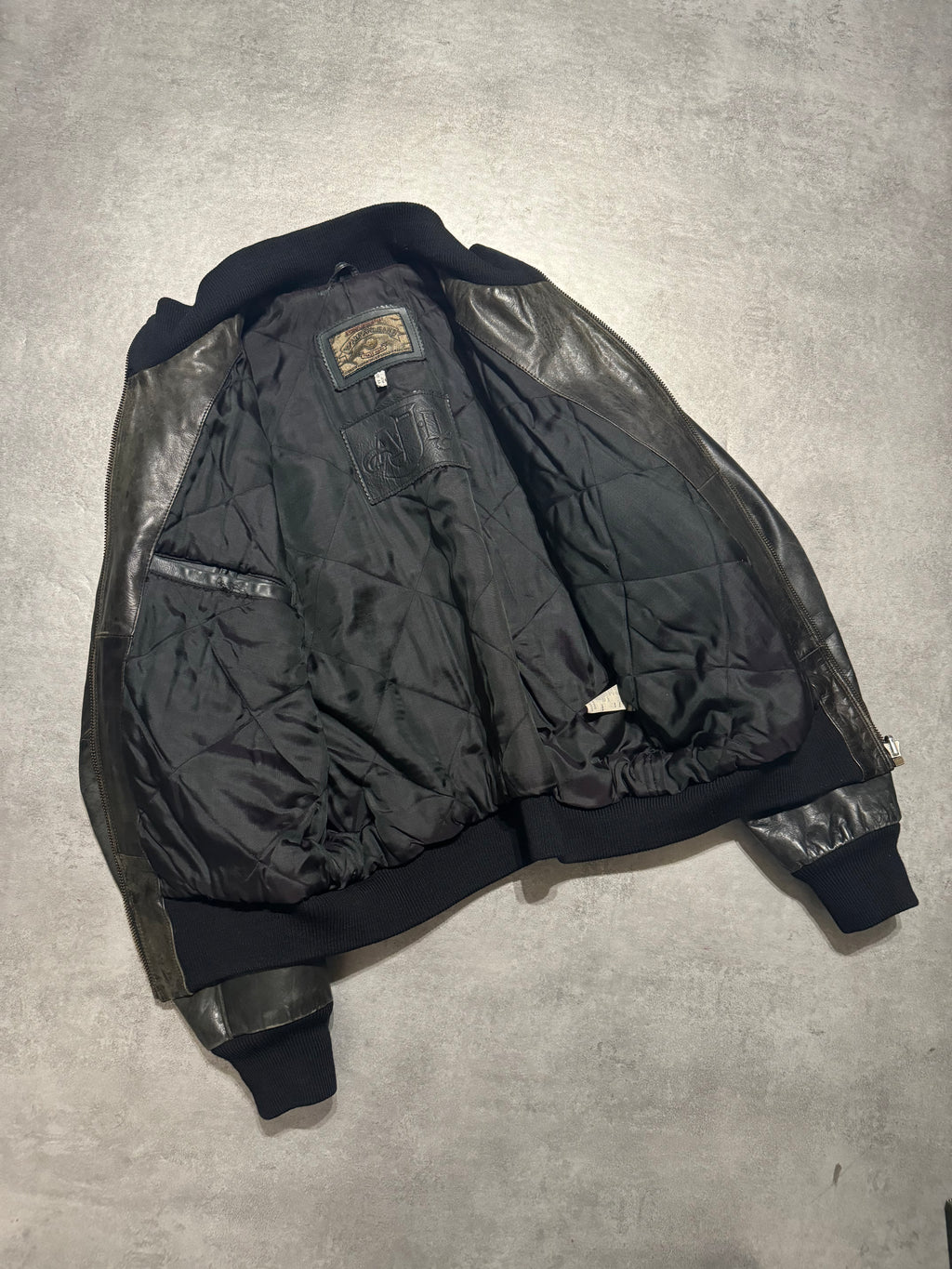 1990s Armani Leather Patina Black Premium Italian Bomber Jacket  (M/L) - 4