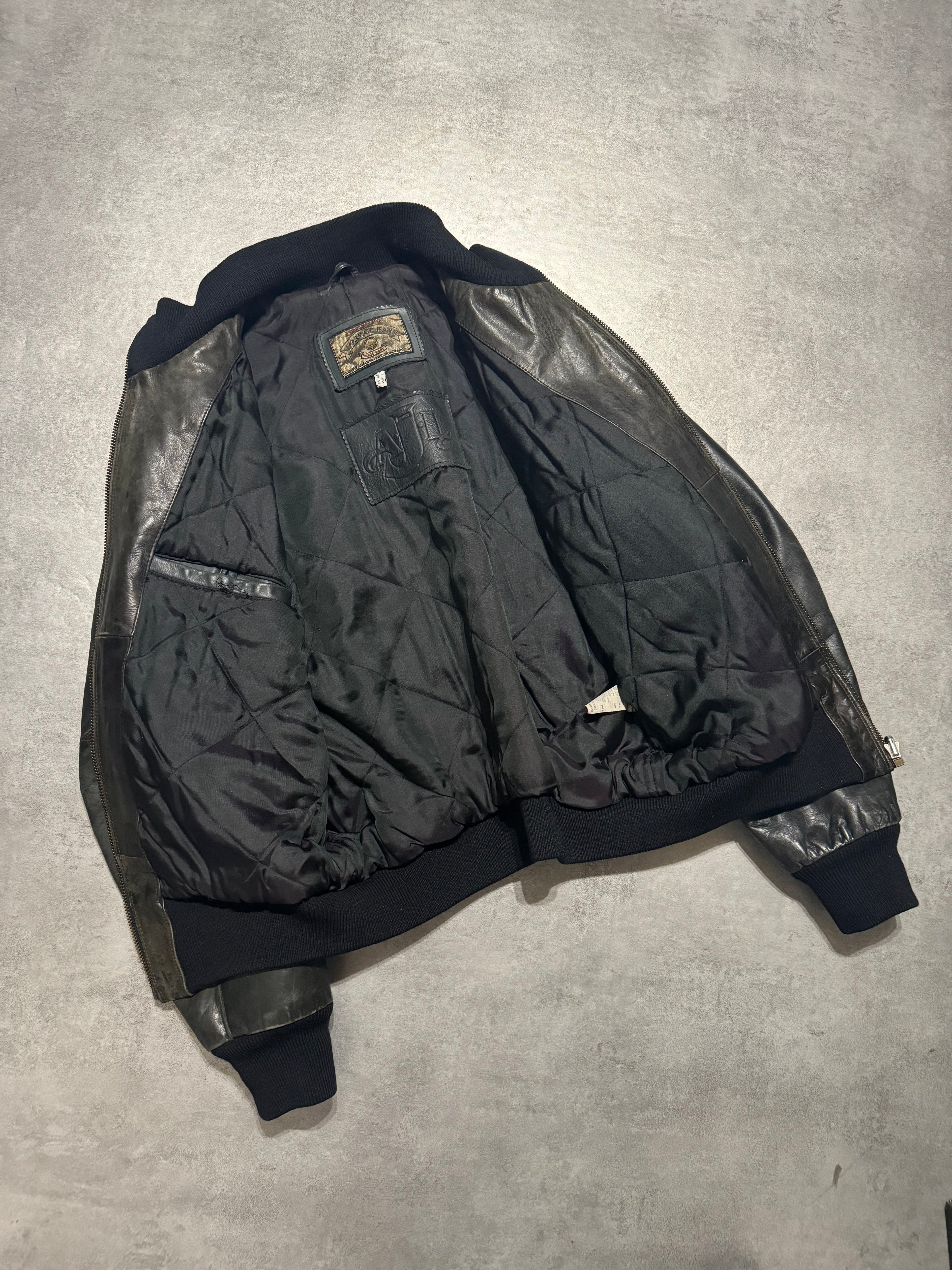 1990s Armani Leather Patina Black Premium Italian Bomber Jacket  (M/L) - 4