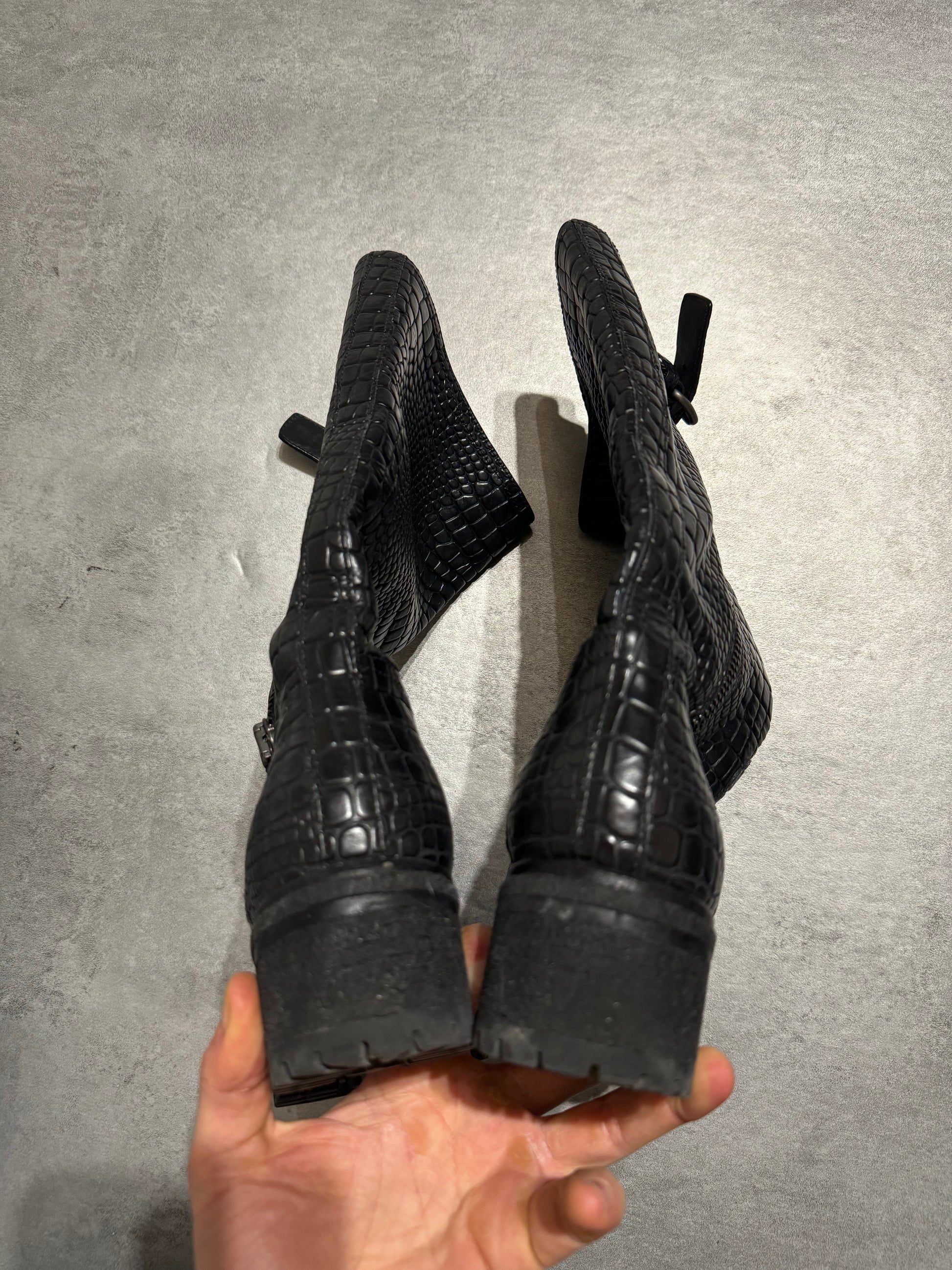 AW2004 Prada Black Crocodile Effect Leather Boots (39) - 3