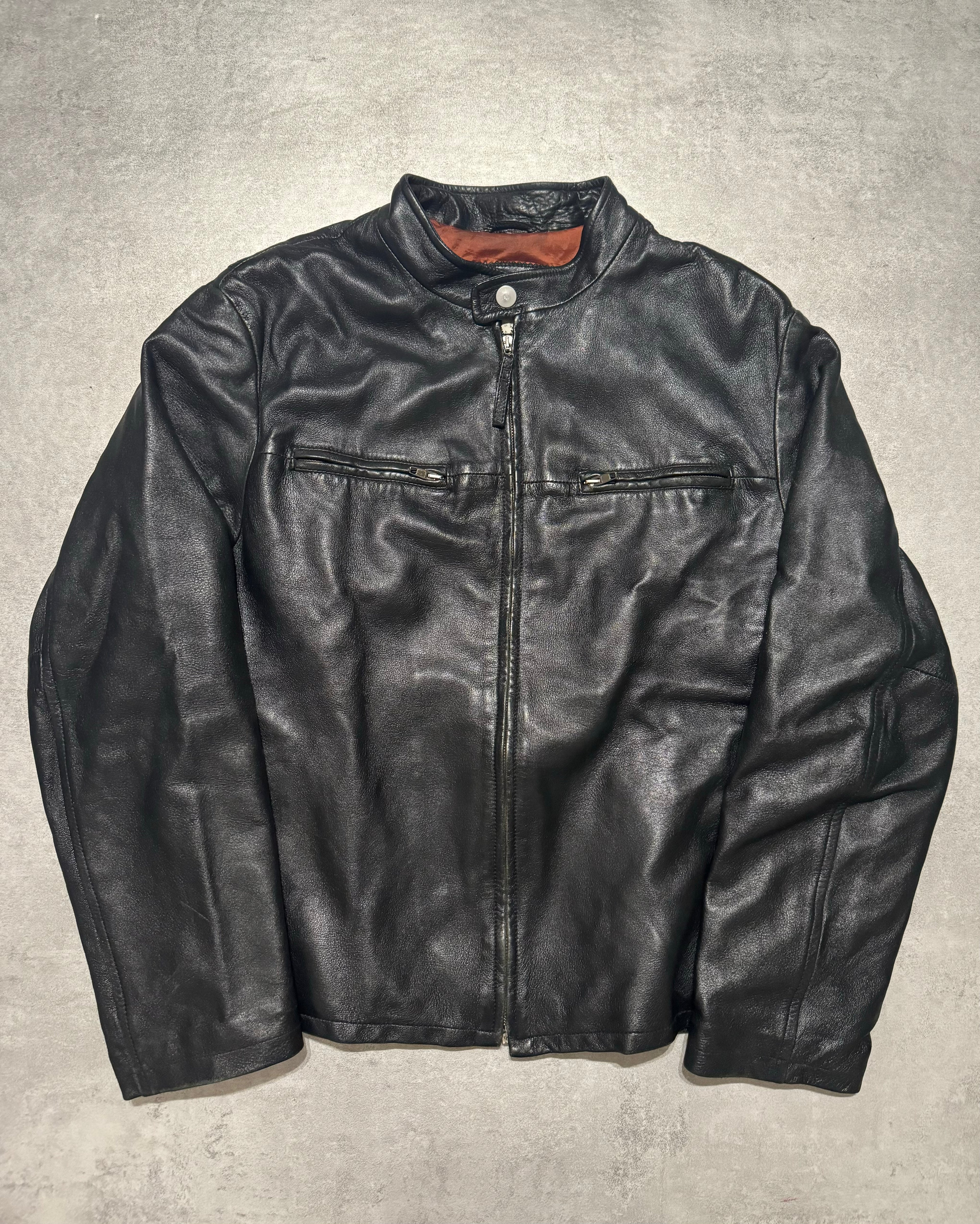 2000s Armani Black Structured Biker Leather Jacket (L) - 1