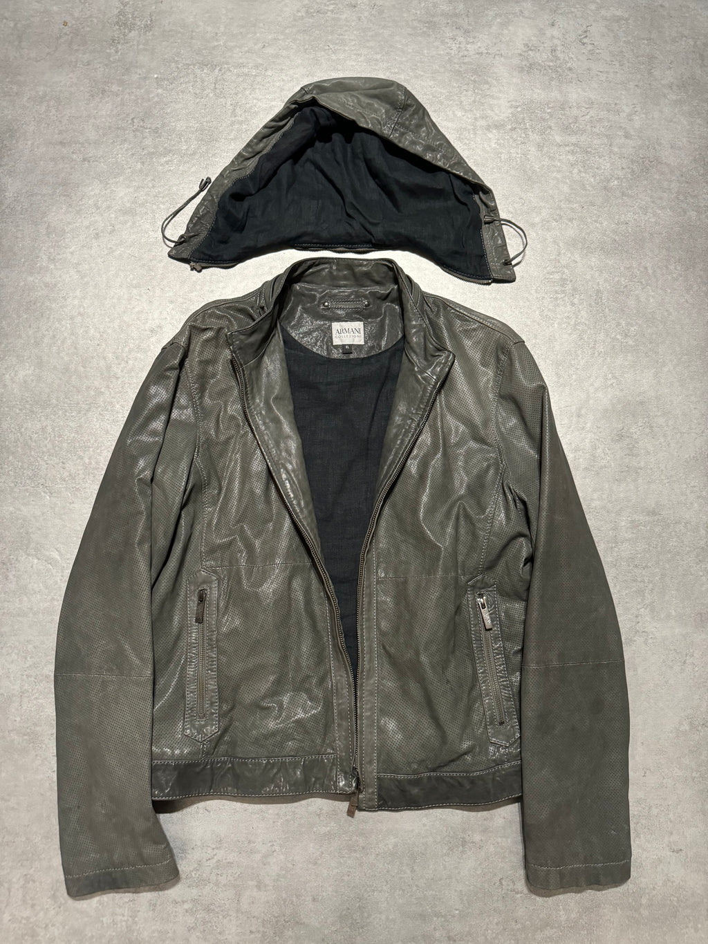 AW1998 Armani Collezioni Hooded Perfored Grey Leather Jacket (L) - 5