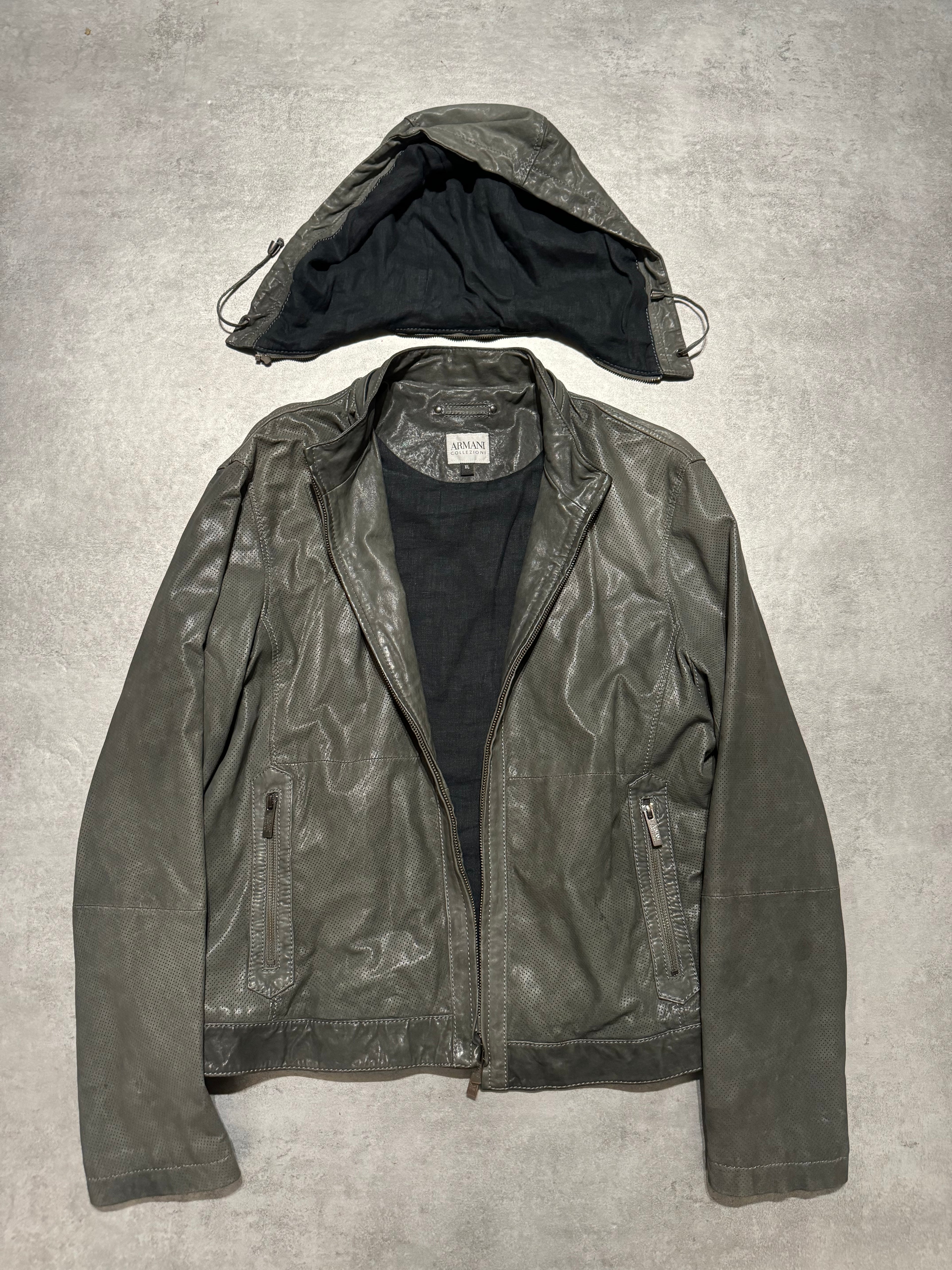 AW1998 Armani Collezioni Hooded Perfored Grey Leather Jacket (L) - 5
