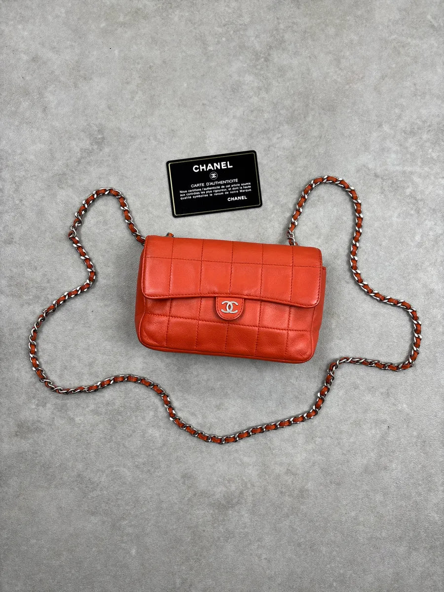 SS2004 Chanel Orange Leather Quilted Chain Flap Crossbody Bag HSWkBLaI 3