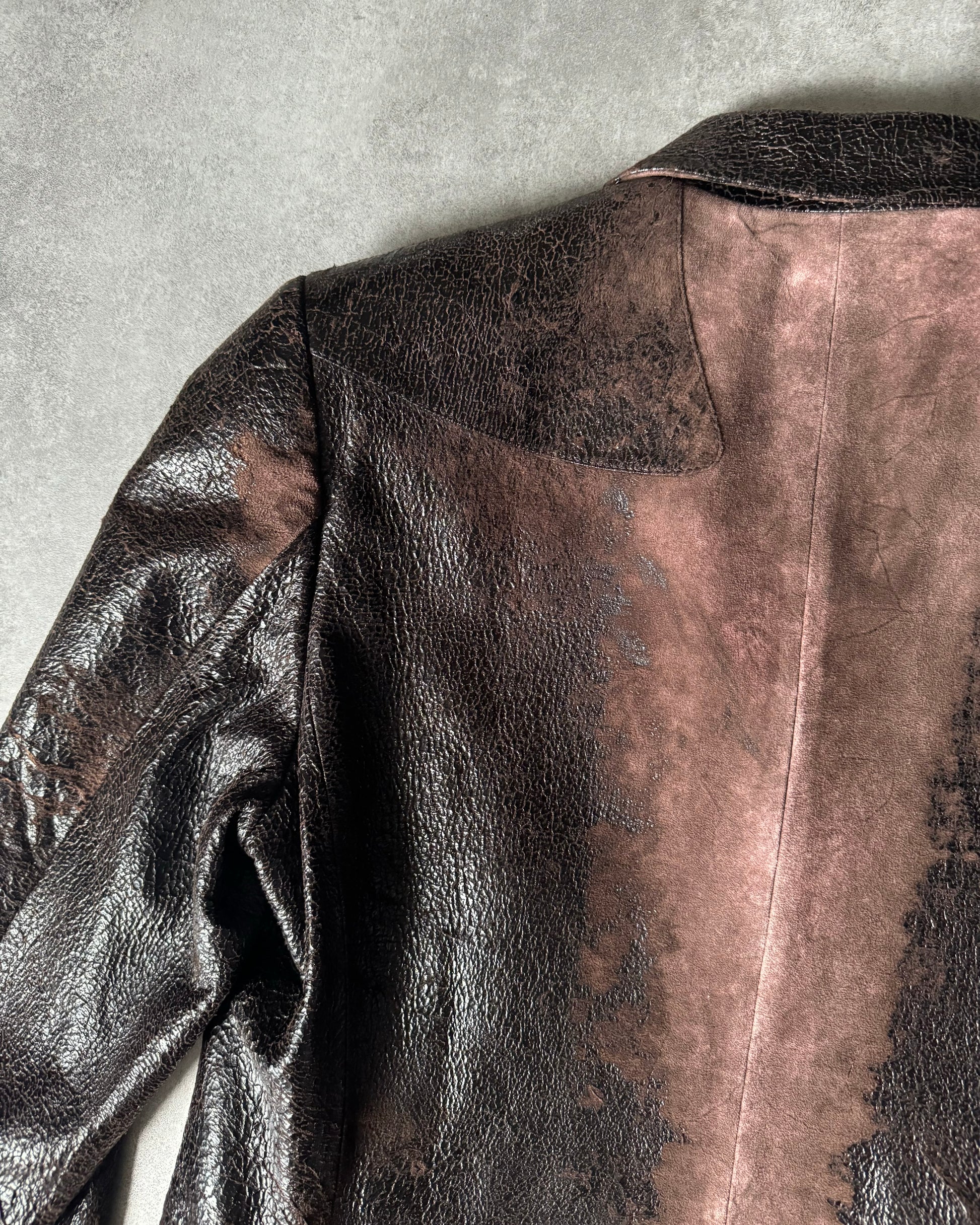 AW2000 Roberto Cavalli Artisanal Brown Eroded Silk Leather Blazer Jacket  (L) - 6