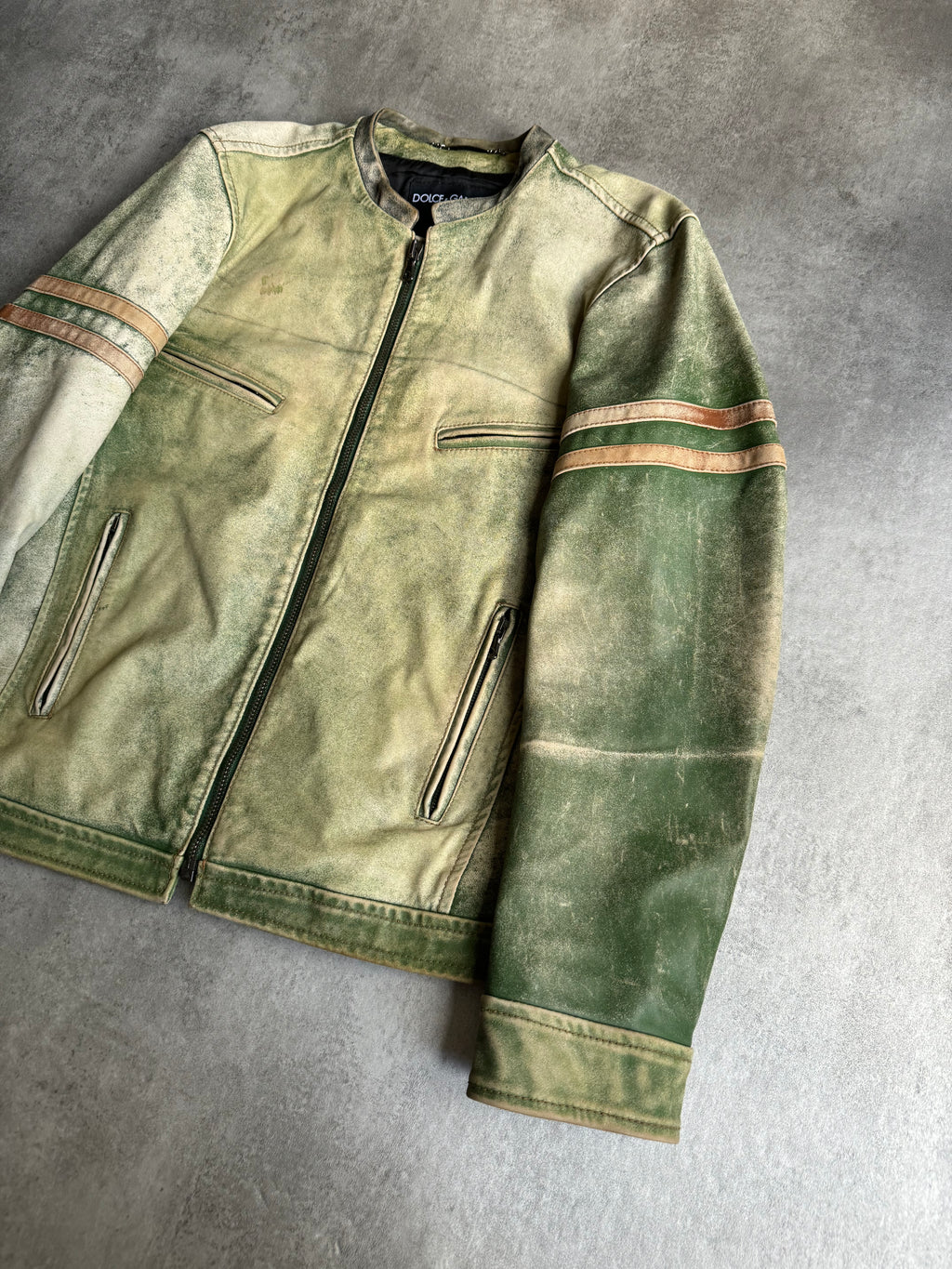 2000s Dolce & Gabbana Retro Effect Green Faded Racing Biker Leather Jacket  (S/M) - 3