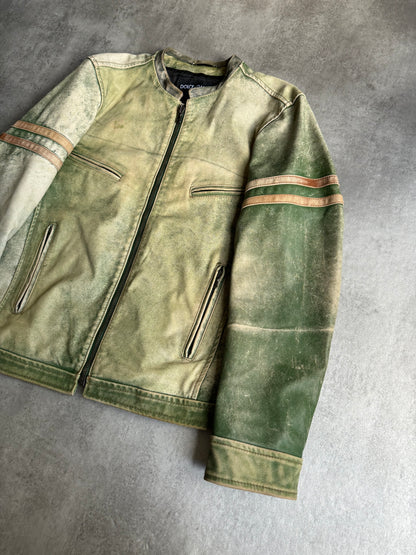 2000s Dolce & Gabbana Retro Effect Green Faded Racing Biker Leather Jacket  (S/M) - 3