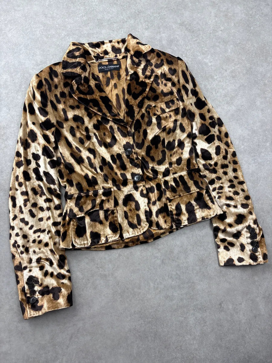 2000s Dolce & Gabbana Leopard Silk Cropped Classy Blazer Jacket HgzZKWqZ 3