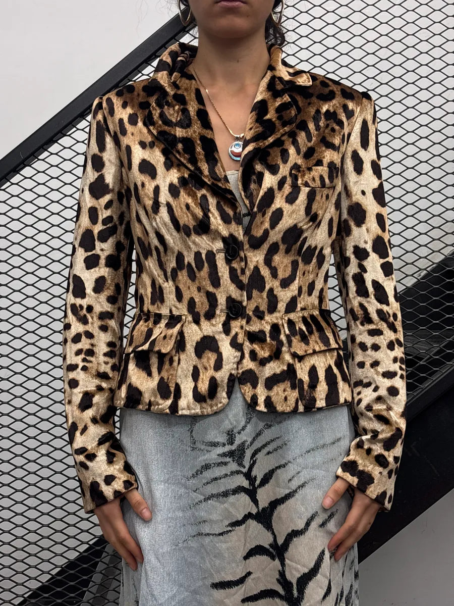 2000s Dolce & Gabbana Leopard Silk Cropped Classy Blazer Jacket HgzZKWqZ 1