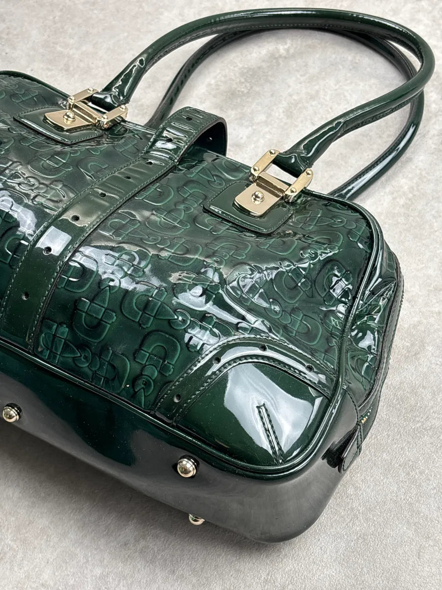 Gucci Dark Green Patent Embossed Logo Handle Bag HlSnEoBq 4