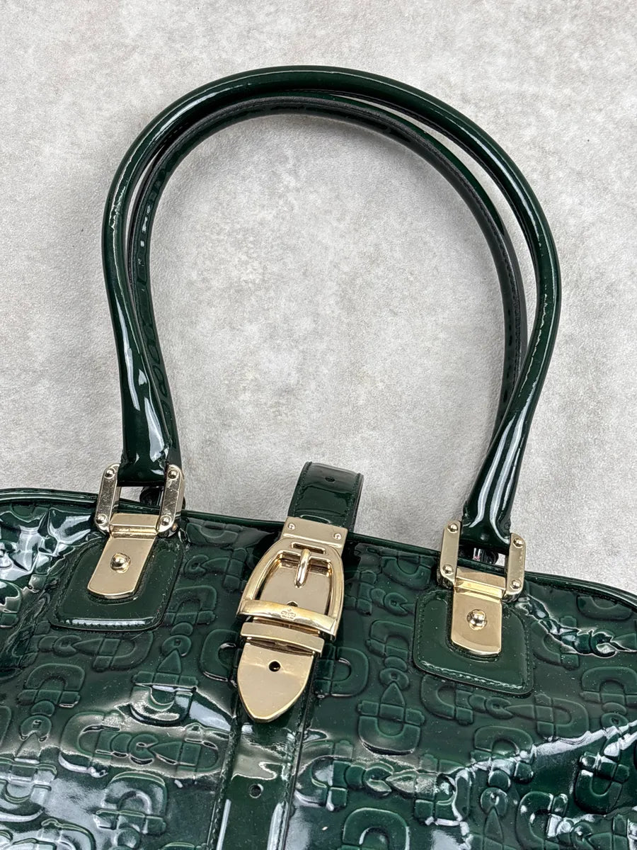 Gucci Dark Green Patent Embossed Logo Handle Bag HlSnEoBq 6