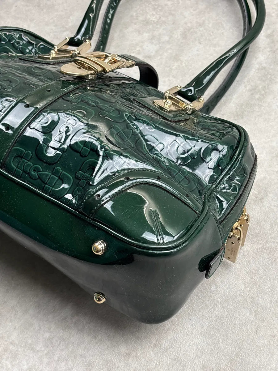 Gucci Dark Green Patent Embossed Logo Handle Bag HlSnEoBq 7