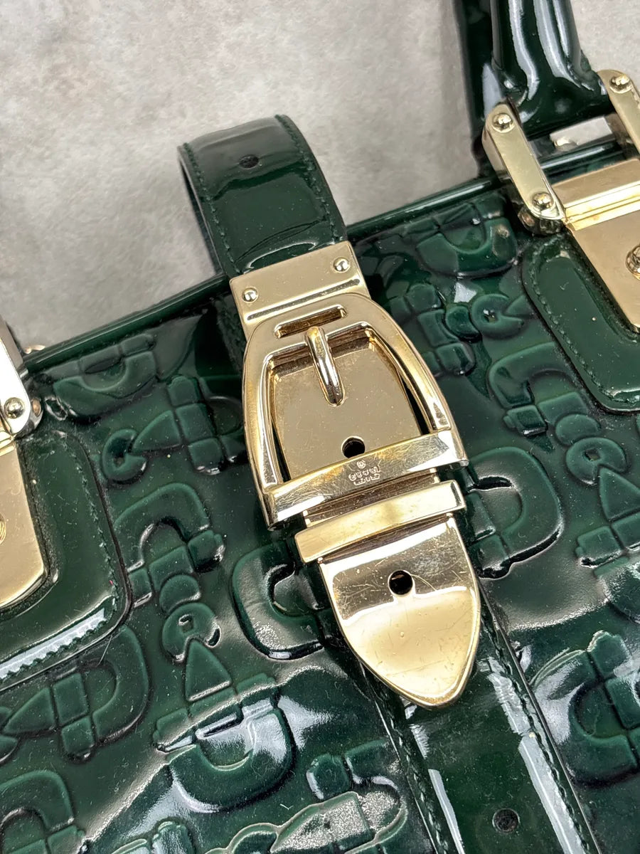 Gucci Dark Green Patent Embossed Logo Handle Bag HlSnEoBq 9