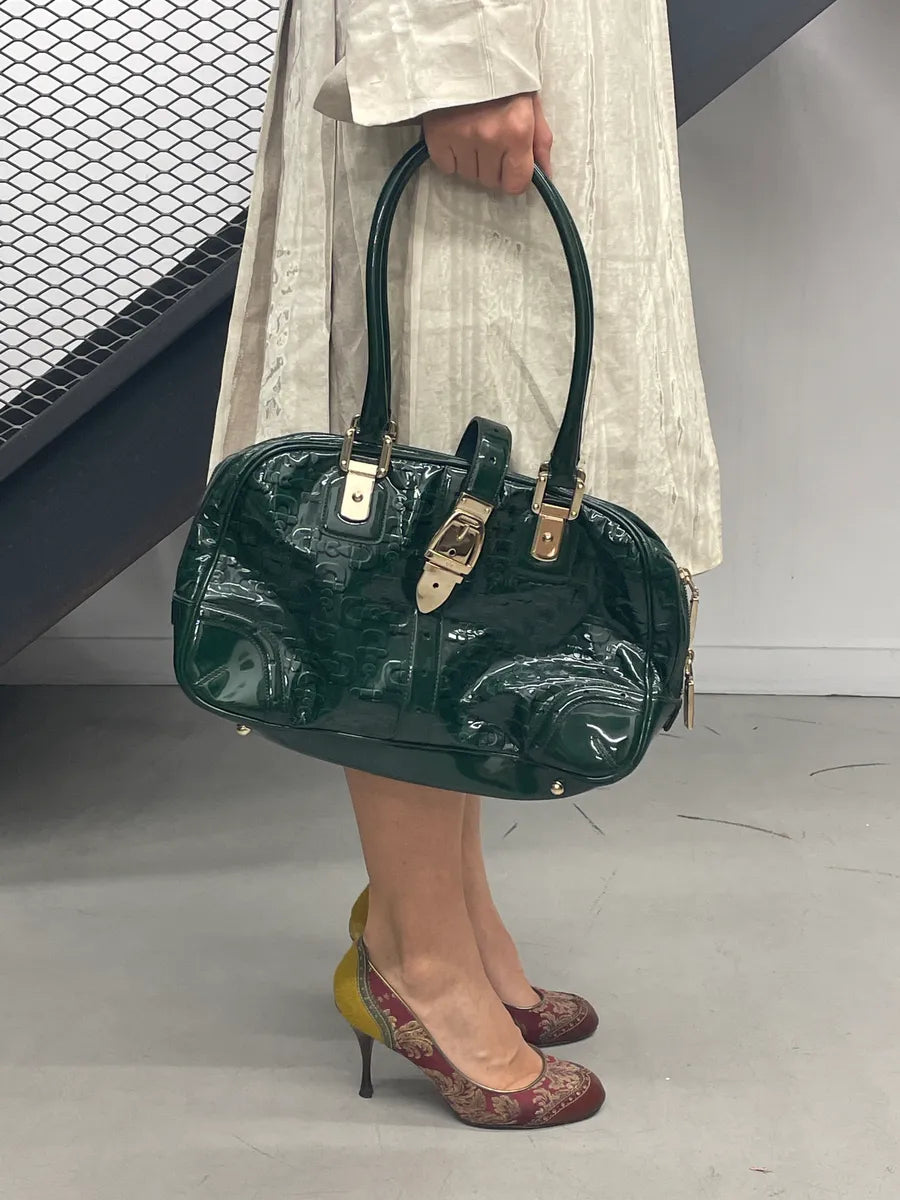 Gucci Dark Green Patent Embossed Logo Handle Bag HlSnEoBq 1