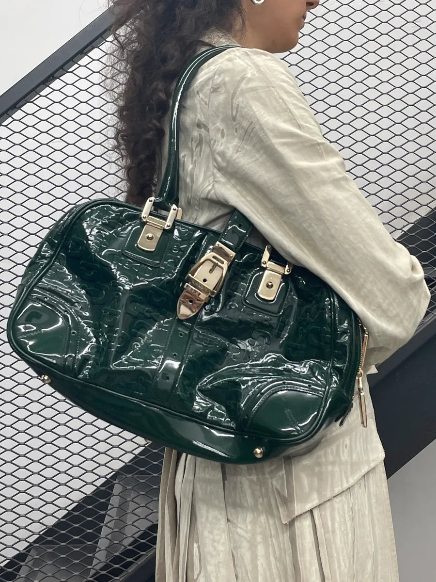 Gucci Dark Green Patent Embossed Logo Handle Bag HlSnEoBq 2