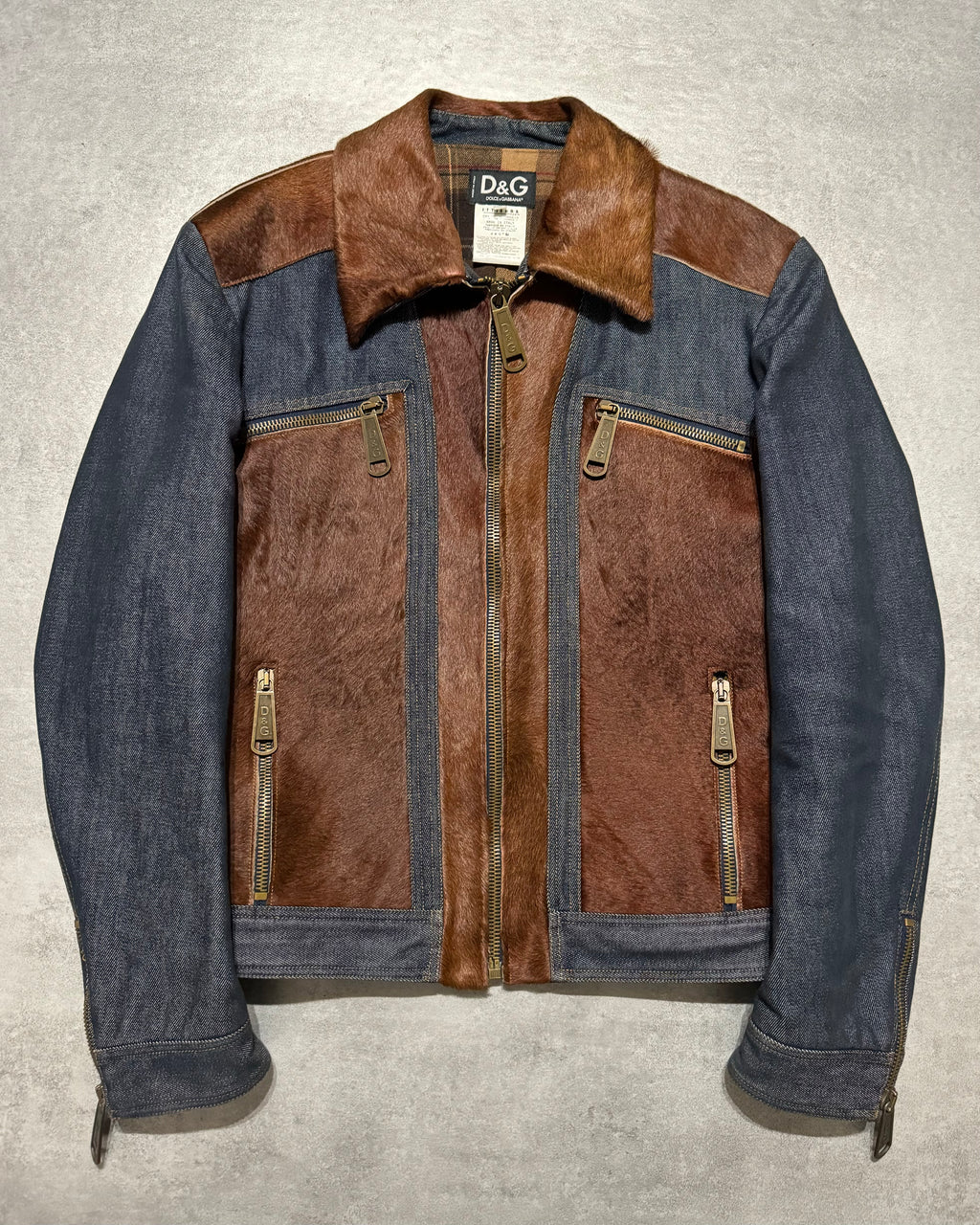 FW2005 Dolce & Gabbana Pony Hair Brown Denim Structured Biker Jacket (L) - 1
