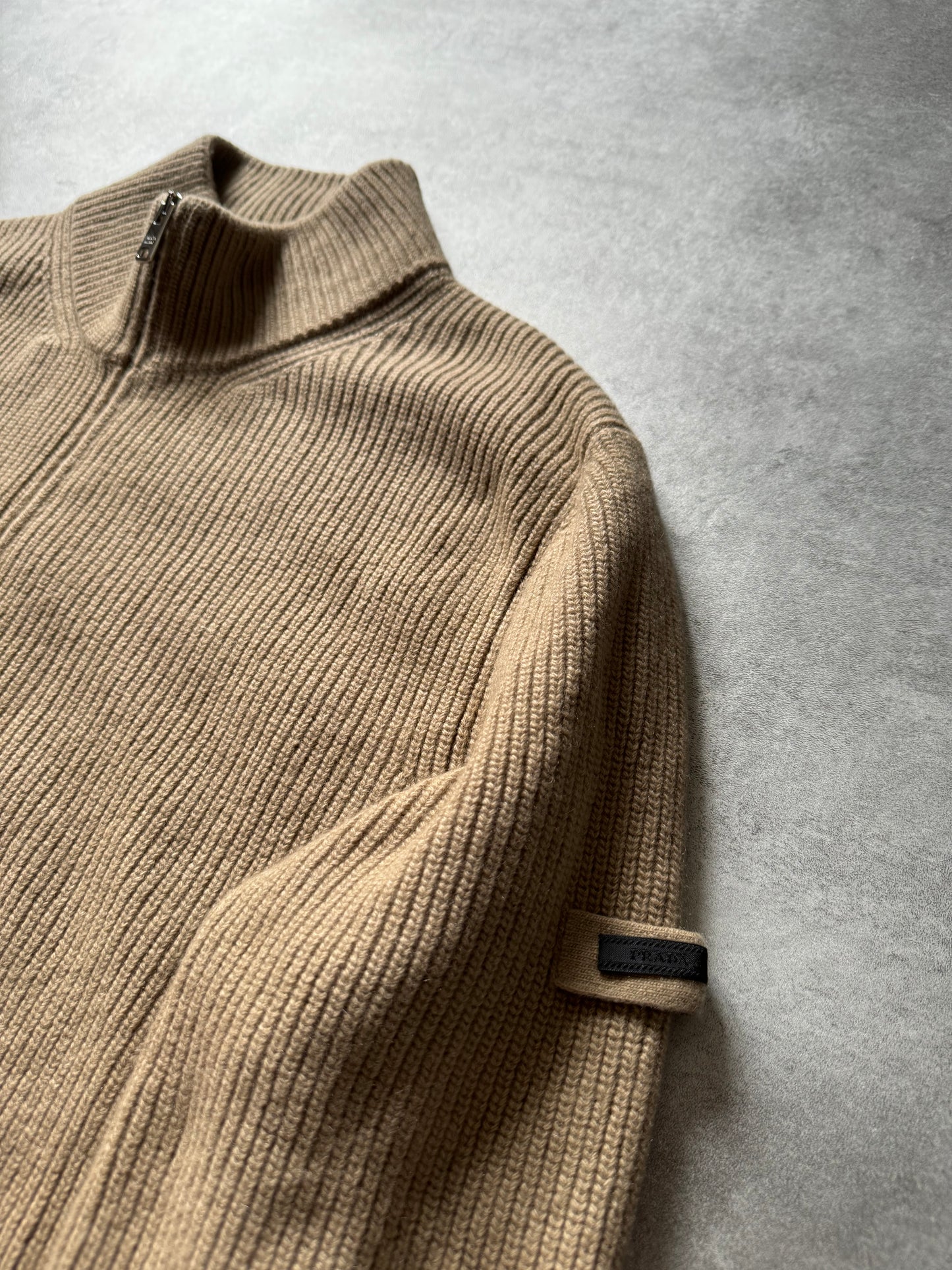 SS2018 Prada Camel Full Zip Wool Minimalist Sweater (L) - 5