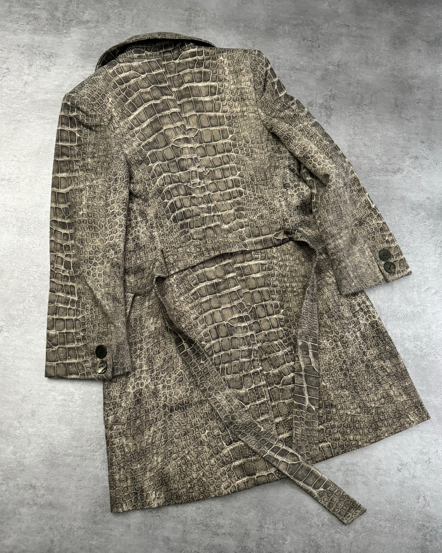 2000s Roberto Cavalli Grey Crocodile Effect Trench Jacket (XXS/XS) - 7