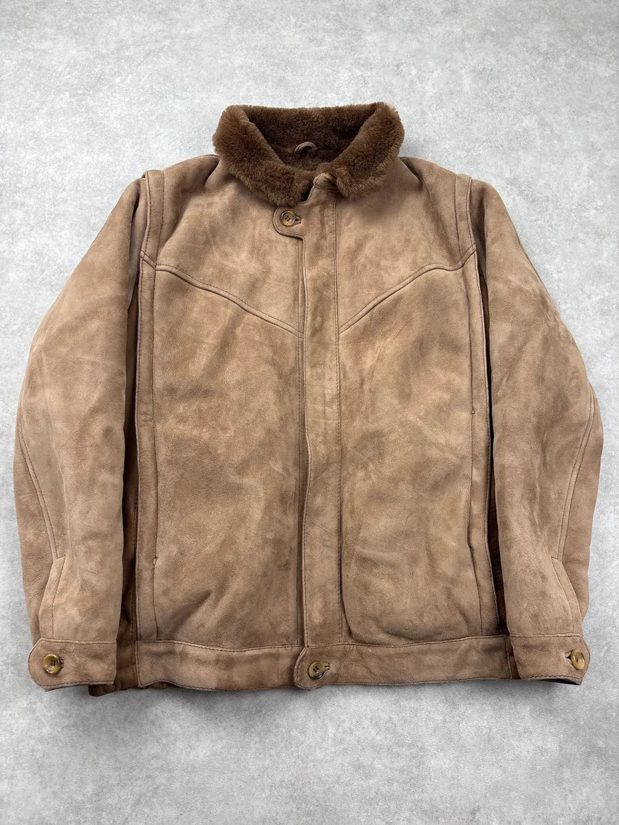 1980s Yves Saint Laurent Brown Shearling Aviator Suede Leather Jacket IKPaQCIb 0
