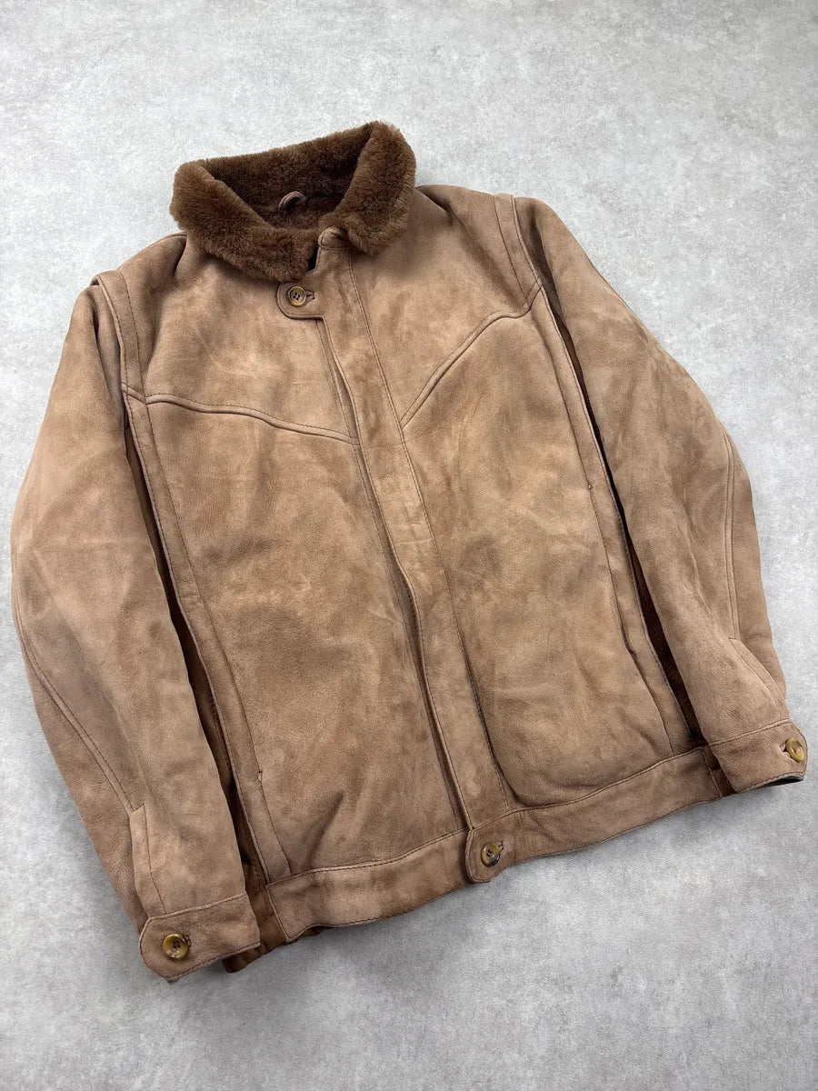 1980s Yves Saint Laurent Brown Shearling Aviator Suede Leather Jacket IKPaQCIb 3