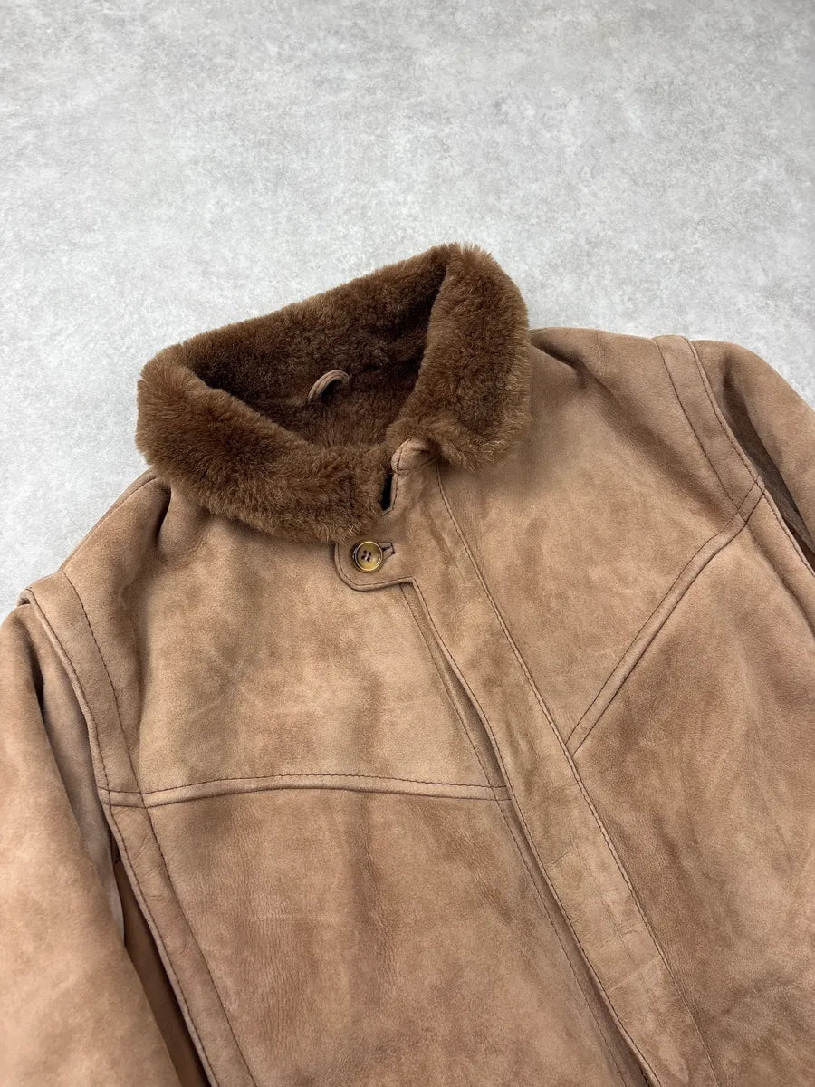 1980s Yves Saint Laurent Brown Shearling Aviator Suede Leather Jacket IKPaQCIb 4