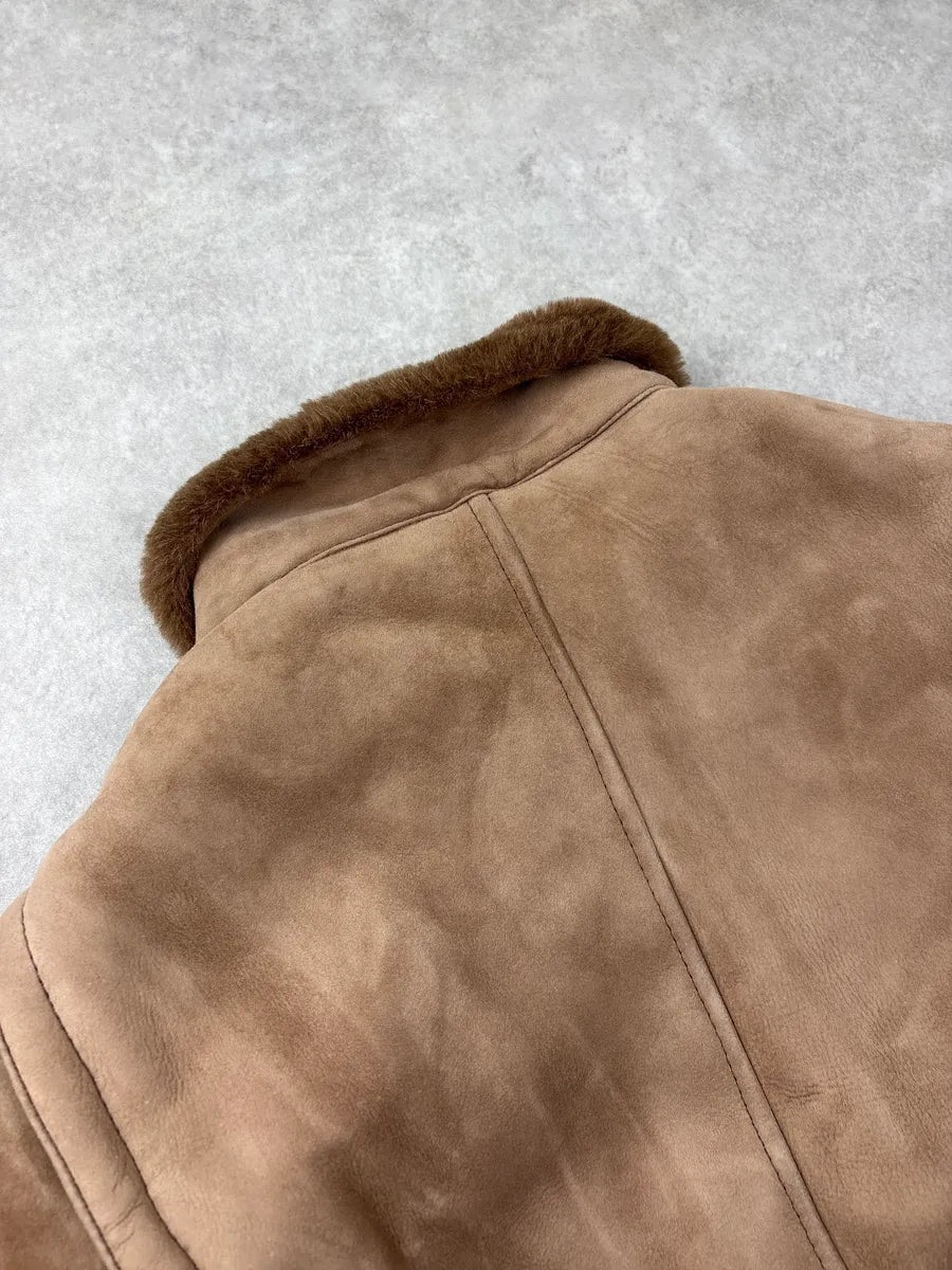 1980s Yves Saint Laurent Brown Shearling Aviator Suede Leather Jacket IKPaQCIb 7