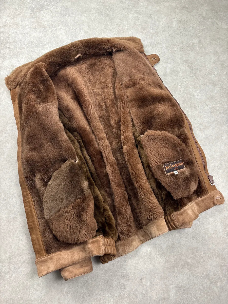 1980s Yves Saint Laurent Brown Shearling Aviator Suede Leather Jacket IKPaQCIb 6