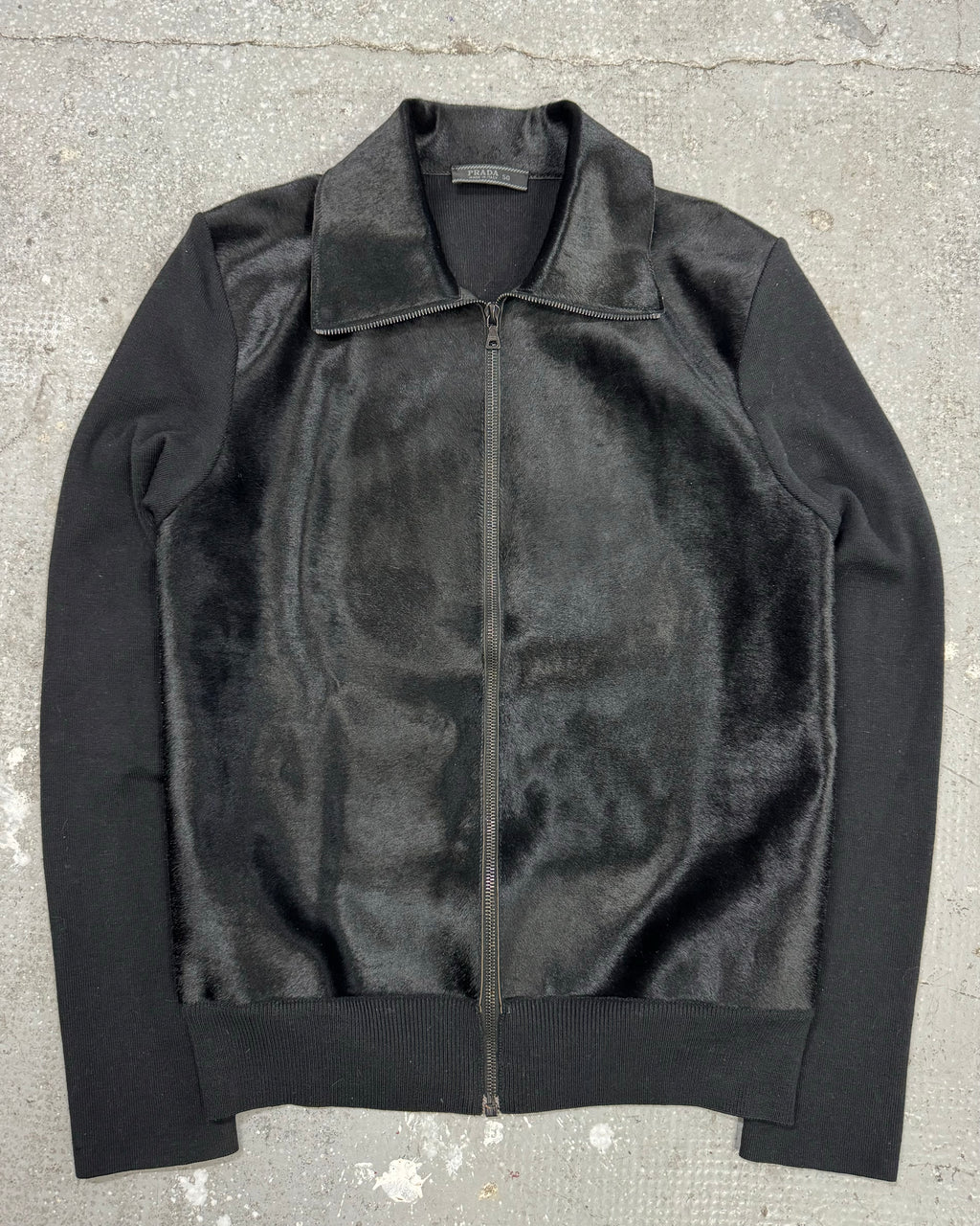FW2000 Prada Navy Wool & Black Pony Hair Leather Zip-Up Sweater (M)