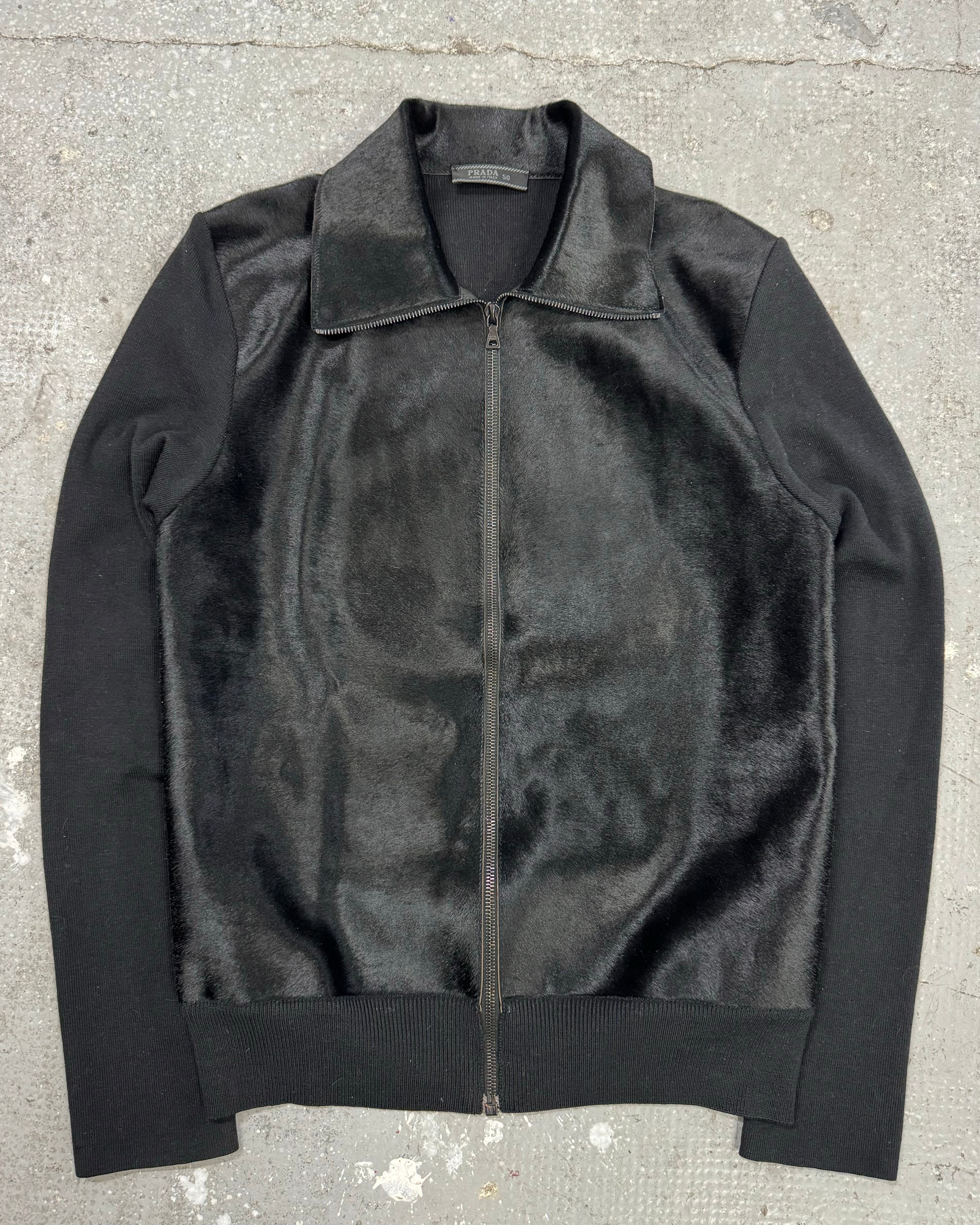 FW2000 Prada Navy Wool & Black Pony Hair Leather Zip-Up Sweater (M)